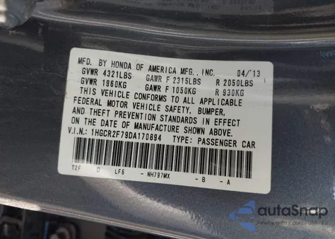 2013 Honda Accord Ex from USA, damaged, VIN 1HGCR2F79DA170894